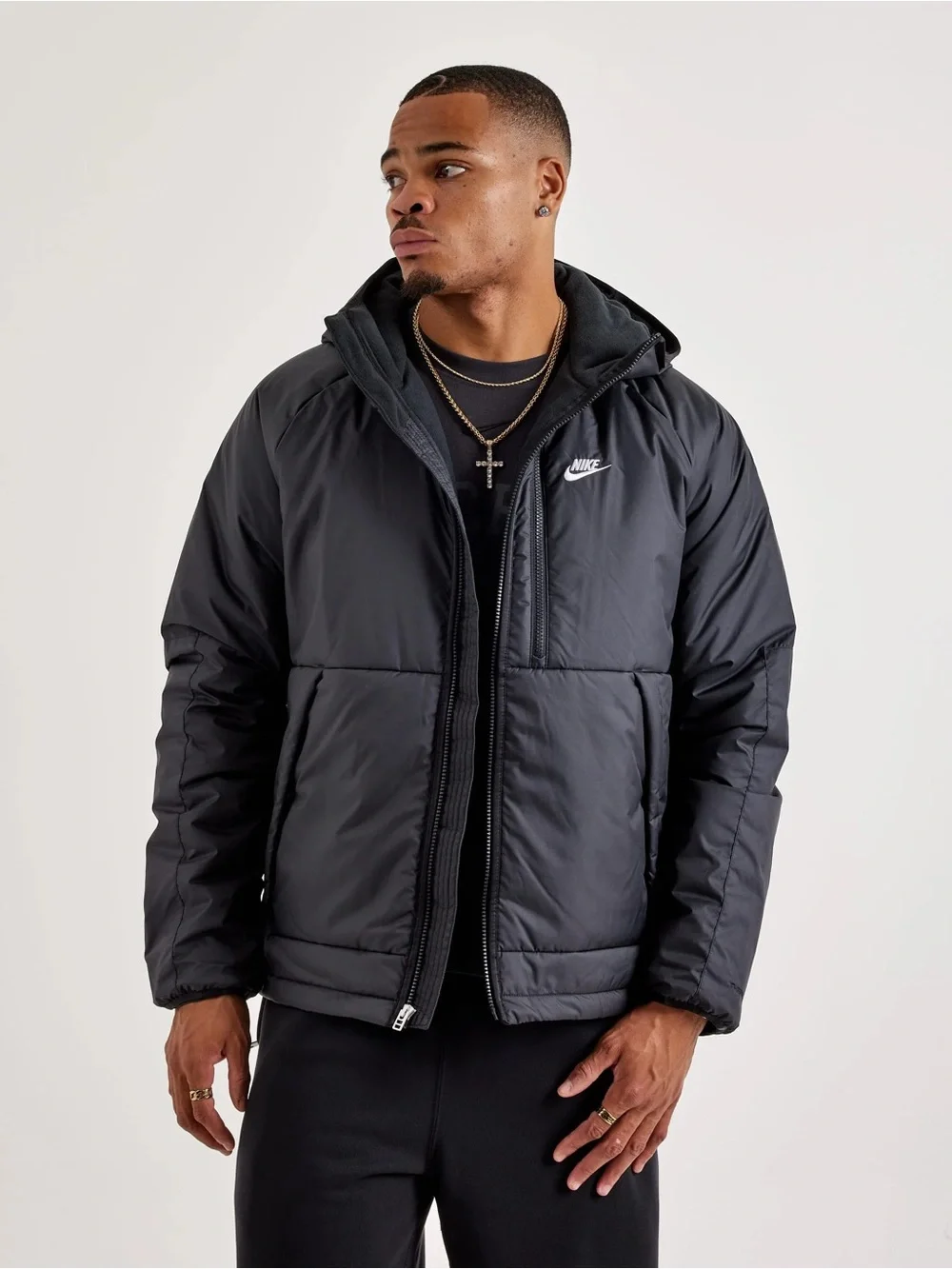 Nike Black Hooded Puffer Jacket with White Logo